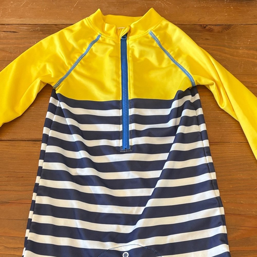 EUC Kids Yellow and Blue Striped Swimwear with matching sun hat size 24 months